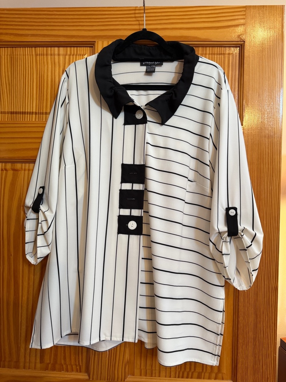 Striped Black & White Tunic Top with Contrast Collar